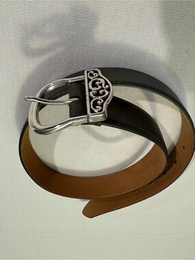 Brighton Dark Grey Leather Women’s Belt with Silver Scroll Buckle - Size M